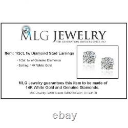 1/2ct REAL Diamond Stud Earrings in 14K White Gold Screw-Back Settings