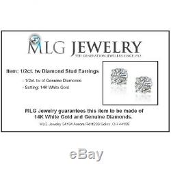 1/2ct Real (Natural) Round Diamond Solitaire Stud Earring set in 14K White Gold