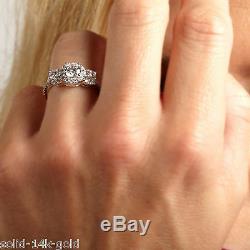 1.80CT Three Stone Cut Diamond Solid 14K White GOLD Engagement Wedding Halo Ring