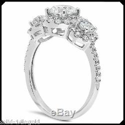 1.80CT Three Stone Cut Diamond Solid 14K White GOLD Engagement Wedding Halo Ring