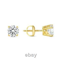 1 Ct Round Earrings Studs Solid 14K Yellow Gold Brilliant Cut Screw Back Basket