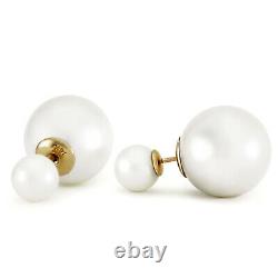 14K GOLD TRIBAL DOUBLE WHITE SHELL PEARLS STUD EARRINGS (Yellow Gold)