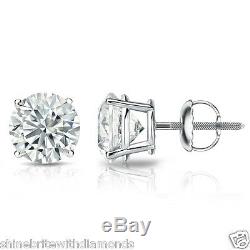 2 Ct Round Earrings Studs Solid 14K White Gold Brilliant Cut Basket Screw Back