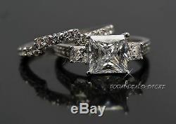 3.00 CT Princess Cut Ring Set Bridal Wedding Engagement Real 14k White Gold