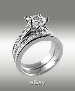 3.72Ct Princess Cut Engagement Ring w Matching Wedding Band 14K Solid White Gold
