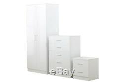 3 Piece High Gloss Bedroom Furniture Set Wardrobe Chest Bedside White Matt White