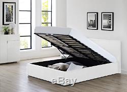 4'6 Double Faux Leather Ottoman Gas Lift Up Deep Storage Bed White