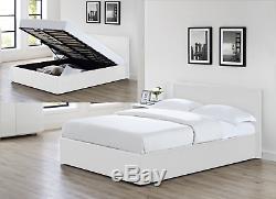 4' Small Double Faux Leather Ottoman Gas Lift Up Deep Storage Bed 4ft White