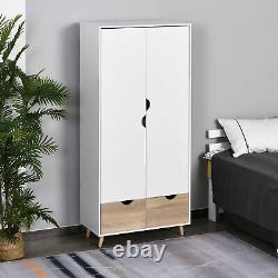 6FT 2-Door Clothes Wardrobe with Rail Shelf 2 Drawers Wood Feet Home Storage White