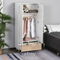 6FT 2-Door Clothes Wardrobe with Rail Shelf 2 Drawers Wood Feet Home Storage White