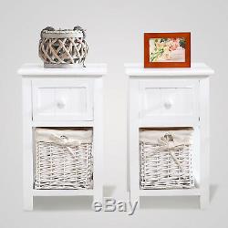 A Pair of Wooden Bedside Cabinet Shabby Chic Table Unit with Wicker Basket