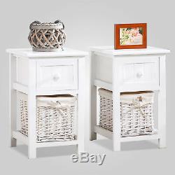A Pair of Wooden Bedside Cabinet Shabby Chic Table Unit with Wicker Basket