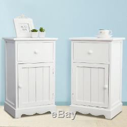 A Pair of Wooden Bedside Cabinets White Cupboard Tables with Drawer & Door