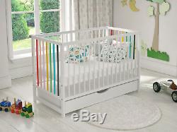 Baby Cot Bed White Colour Wooden Toddler Cot with FREE Deluxe Aloe Vera Mattress