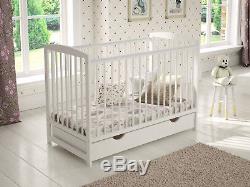 Baby Cot Bed with Drawer Toddler Cot White Deluxe Aloe Vera Foam Mattress