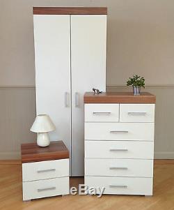 Bedroom Furniture Set White & Walnut Wardrobe 4+2 Drawer Chest Bedside Cabinet