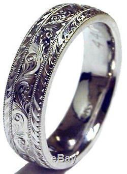 Brand New! Men's Hand Engraved 14k White Gold 6 MM Wide Wedding Band Comfort Fit