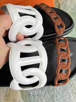 Brand New in Box Authentic Hermes Extra Sandals Suede Brown & White Leather