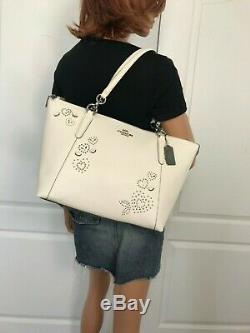 Coach Ava Tote Heart Bandana Rivets Chalk Leather Handbag Bag Authentic+wallet