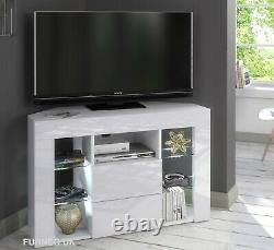 Corner TV Stand White High Gloss & Matt Modern Unit Cabinet LED Lights Venico1