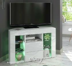 Corner TV Stand White High Gloss & Matt Modern Unit Cabinet LED Lights Venico1