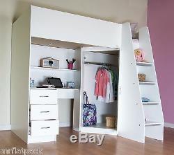 Cornwall High sleeper Cabin Kids Bed Desk Shelves Wardrobe White R2100W