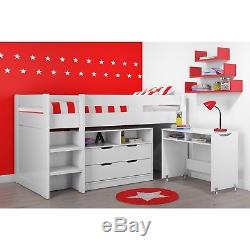 Cosmo Mid Sleeper Bed in White with Pull Out Desk