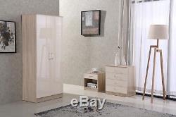 Cream/Oak High Gloss 3 Piece Bedroom Furniture Set Wardrobe Chest Bedside