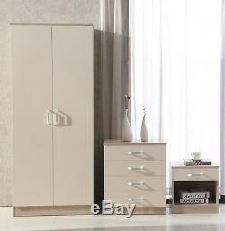 Cream/Oak High Gloss 3 Piece Bedroom Furniture Set Wardrobe Chest Bedside