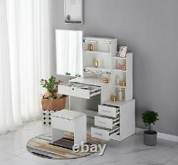 Dressing Table Stool Bedroom Vanity Set Makeup Desk With Mirror & 4 Drawer White