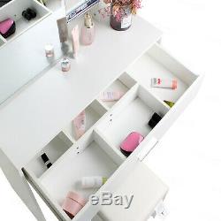 Dressing Vanity Table Makeup Desk Sliding Mirror Shelves Drawer Wood White Stool