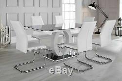 GIOVANI Black White High Gloss Glass Dining Table Set and 6 Leather Chairs Seats