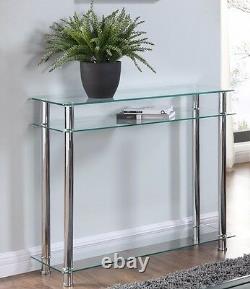 Glass Console Table Clear or Black Glass Chrome Legs 2 Tier Modern Hall Table