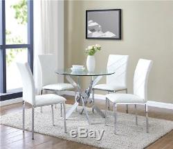 Glass Dining Table Set and with 4 White Faux Leather Chairs Round Table Designer
