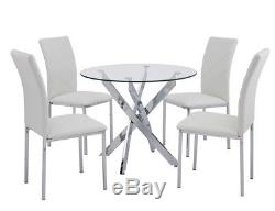 Glass Dining Table Set and with 4 White Faux Leather Chairs Round Table Designer