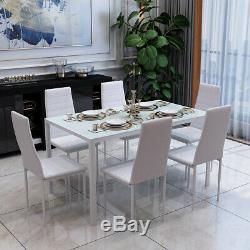 Glass Table and 6 Chairs Tempered Glass Top High Back Seat White Dining Set