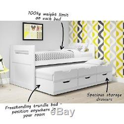 Guest Bed 3ft Single with Pull Out Trundle 3 Drawer Storage Drawers White