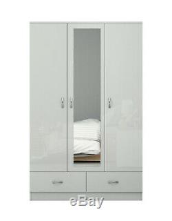 Harmin Mirrored 3 door High Gloss White Doors Soft Close Wardrobe with Drawers