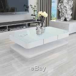 High Gloss White Coffee Table Round Angle Clear Glass Living Room with 2 Drawers