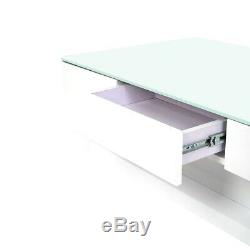 High Gloss White Coffee Table Round Angle Clear Glass Living Room with 2 Drawers