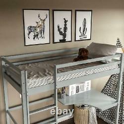 High Sleeper Bunk Bed Cabin Loft Bed Study Desk Kids Pine Wood 3FT Single Grey