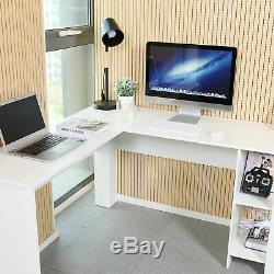 L-shaped Computer Desk Corner PC Workstation Table Home Office with Shelves White