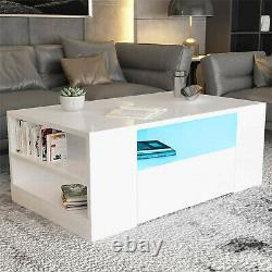 LED Coffee Table Wooden Drawer Storage High Gloss Modern Living Room Furniture