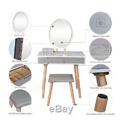 LED Mirror Dressing Table Jewelry Makeup Wood Desk Stool 2 Drawer Bedroom Grey