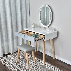 LED Mirror Dressing Table Jewelry Makeup Wood Desk Stool 2 Drawer Bedroom Grey