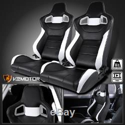 Left+Right Black & White PVC Leather Reclinable Bucket Racing Seats+Silders