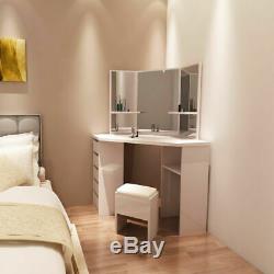Luxury White Corner Dressing Table Multi-angle Mirror Stool 5 Storage Drawer