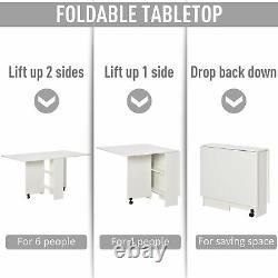 Mobile Drop Leaf Dining Table Folding Desk with 2 wheels Storage Shleves White