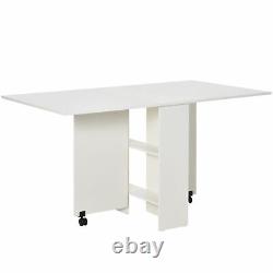 Mobile Drop Leaf Dining Table Folding Desk with 2 wheels Storage Shleves White