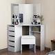 Modern Corner Dressing Table Makeup Desk With5 Drawers & 3 Mirrors & Stool Bedroom
